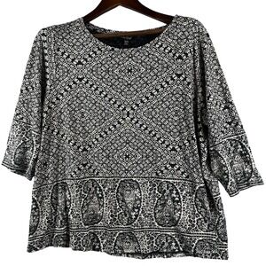 Lucky Brand Womens 1X Boho Paisley Top Black White Cotton Modal Peasant Festival